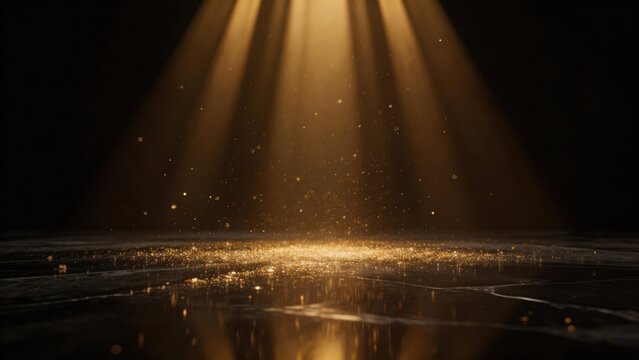 Golden light beams on reflective surface