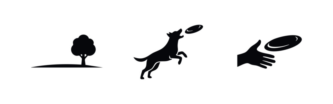 Dog Playing Frisbee in Park Icons Set