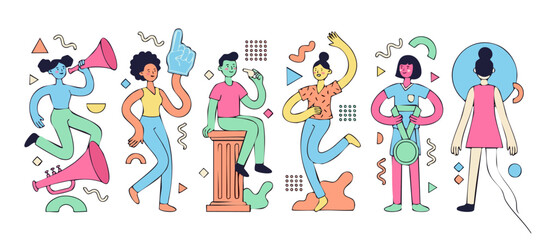 Fototapeta premium Sport Fans Celebration Vector Illustration, Cheering Group Characters with Whistle and Medal, Colorful Flat Design Team Spirit Concept for Athletic Events and Victory Success Graphic on White Backgrou