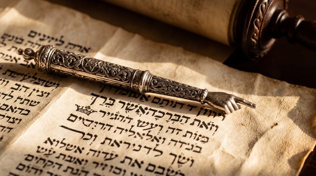 Silver Yad Pointer Resting On Torah Scroll