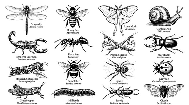 Dragonfly, honey bee, stag beetle and other hand-inked insect sketches on white background for educational posters