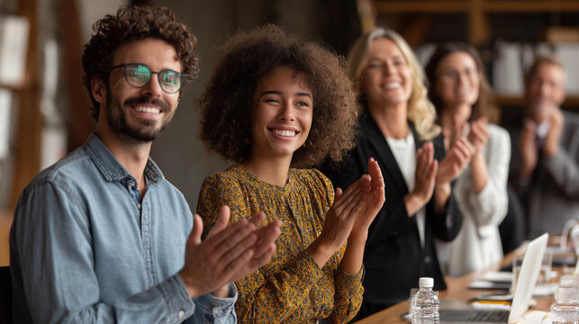 Team giving standing ovation in office meeting showing motivation and respect. 

