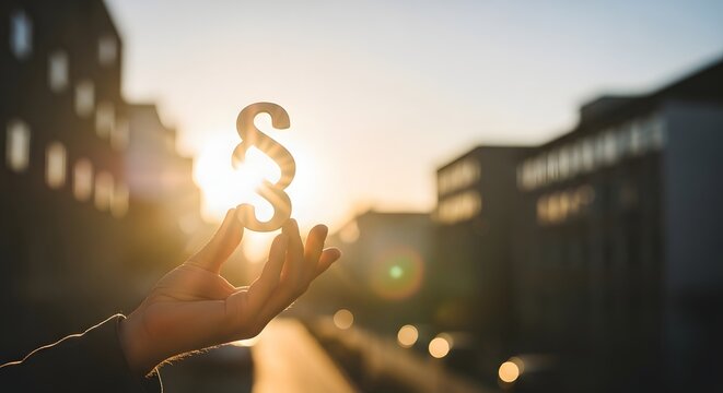 Legal justice and law regulation in the urban city. Paragraph symbol and judicial system. Hand holding a wooden paragraph icon against a blurred city sunset background.