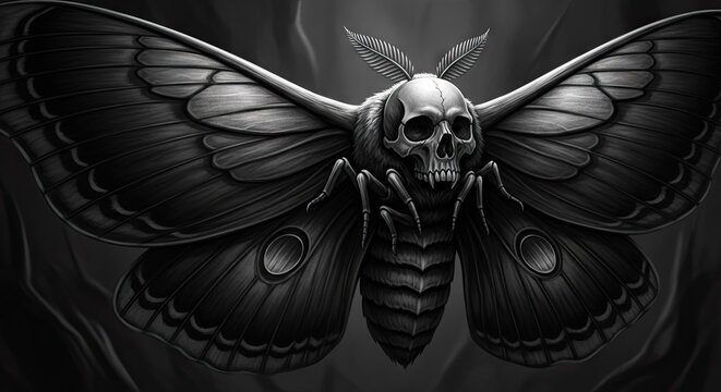 Dramatic monochrome illustration of a moth with a skull on its body