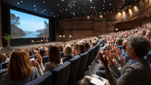  Corporate townhall event with employees applauding leadership in a modern office.
