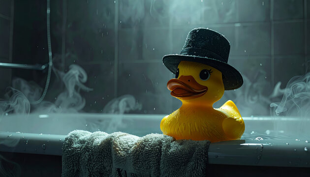 A Curious Rubber Duck Detective Wearing a Hat Sits in a Steamy Bathtub