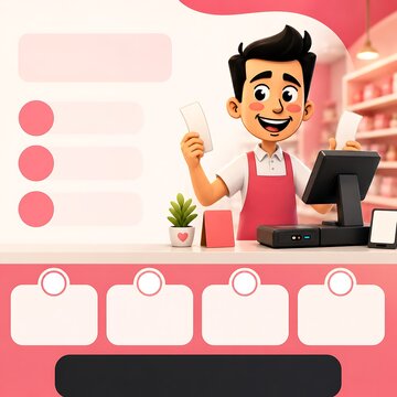 friendly business clerk with laptop calendar checklist counter scene