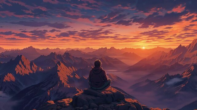 Person Sitting Reflectively on Mountain Peak Watching Colorful Sunset Sky