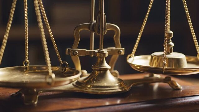 Golden brass balance scale on classic wooden table, close up