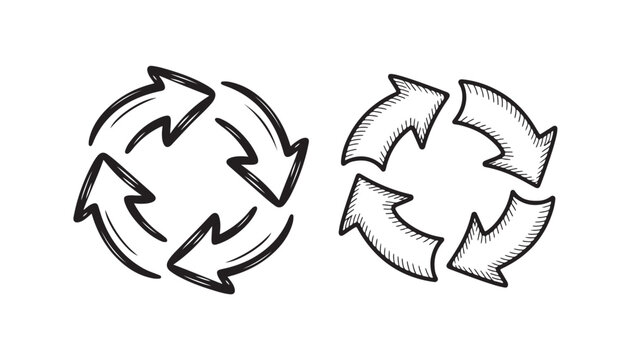Two circular arrow motifs featuring rough sketchy texture for repeating cycle design icon.