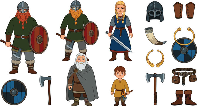Viking Warrior Character and Armor Vector Set with Diverse Norse People, Shields, Axes, Swords, Helmets, Torcs, and Medieval Costume Graphic Designs
