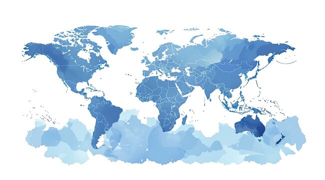 Simplified, watercolor-style world map in cool blue hues, showing continents and oceans