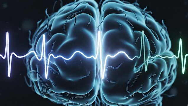 Brain wave activity gradually slowing into smooth synchronized patterns, glowing neural pulses fading into calm rhythmic motion