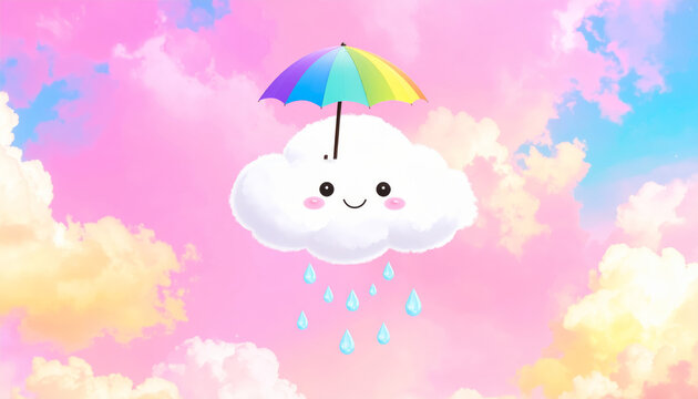 A cute smiling cloud holding a colorful candy floss umbrella over cheerful rain drops