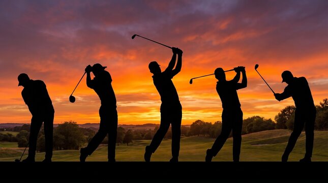 Silhouetted golfers in dynamic swing sequence against vivid sunset sky, blending athletic motion with natural beauty, symbolizing sport, discipline, and harmony with landscape.