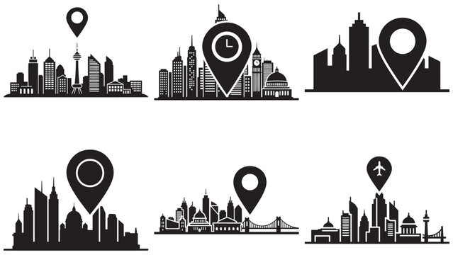 City skyline location pins over dark urban landmarks and travel navigation icons representing global destinations and metropolitan maps