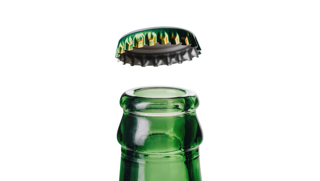 Green glass bottle neck with open metal cap