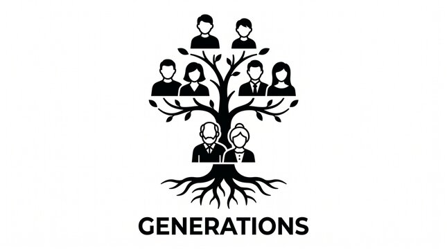 Stylized family tree illustration with branching silhouettes, banner text, and symbolic design, representing ancestry, lineage, heritage, and generational connections through artistic genealogy visual