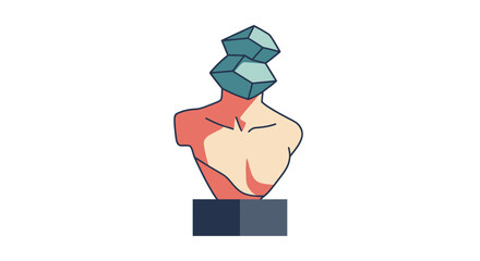 Abstract geometric head sculpture on a pedestal. © Janda Anyar