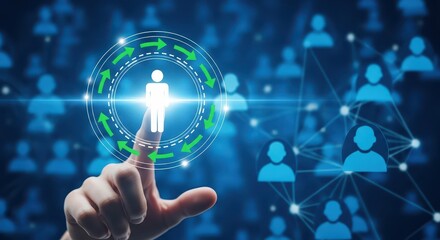 Fototapeta premium Human Resources Management and Networking Concept with Digital Interface and Hand Touching Person Icon