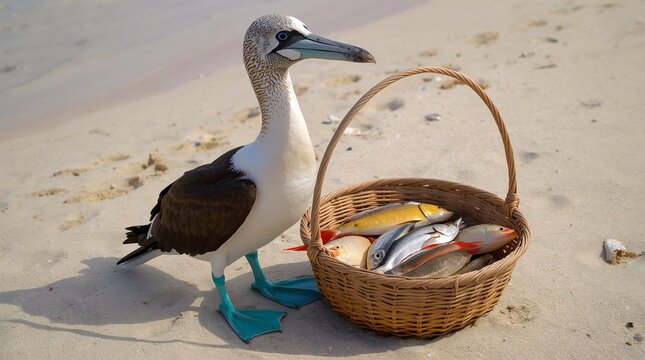 a blue footed bobby along with fishes ai