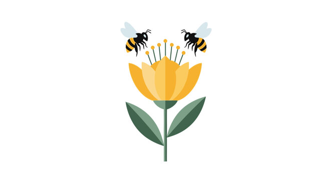 Honey Bees Pollinating a Yellow Flower Illustration
