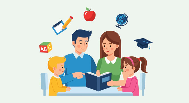 Parents helping children with home education and learning.
