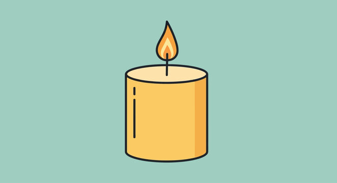Close-up of a single lit candle with a flame on a teal background.