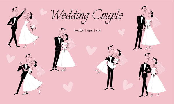 Wedding couple pose collection vector illustration