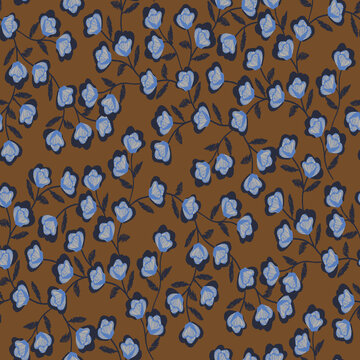 Seamless pattern with blue and white flowers and circles forms an abstract leopard animal skin texture design for fabric wallpaper print