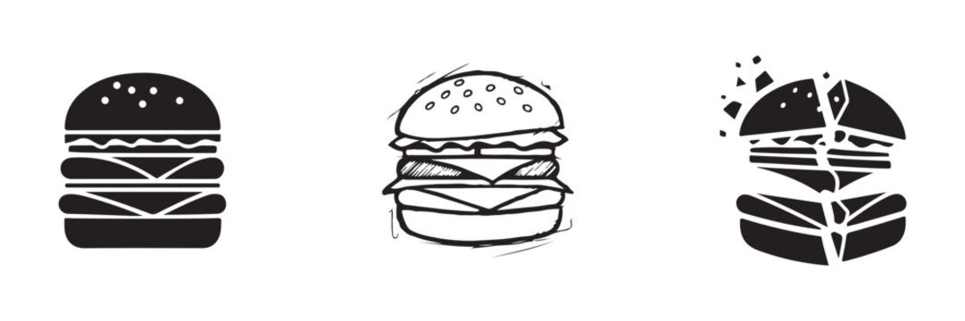 Fast food hamburger graphics on transparent background, layered meat and cheese sandwich symbols, creative artistic burger drawings, vector food design