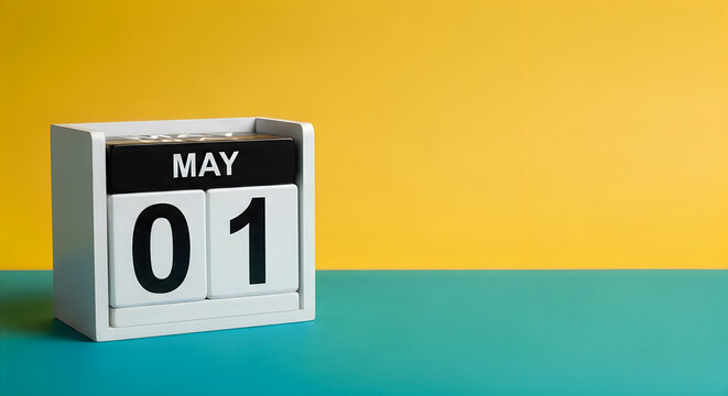 May first date display white calendar on two tone background