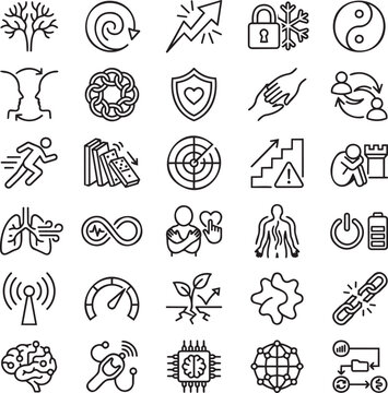 Polyvagal Theory in Practice Line Icons Set &ndash; 30 Minimal Black Outline Vector Icons for Nervous System States, Vagus Nerve Regulation & Emotional Safety