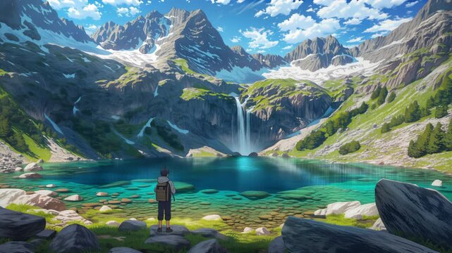 Hiker Admiring Turquoise Mountain Lake Surrounded by Snowcapped Peaks