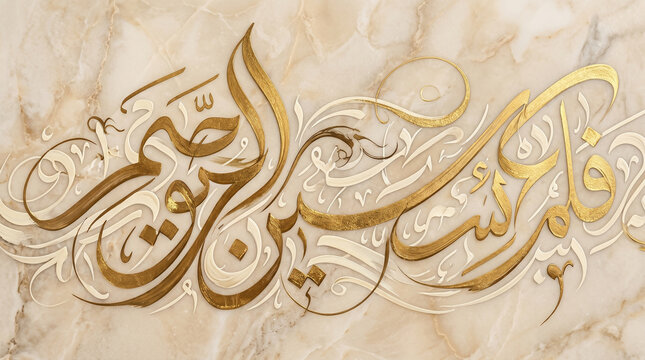 Elegant golden white arabic calligraphy script on light marble textured background