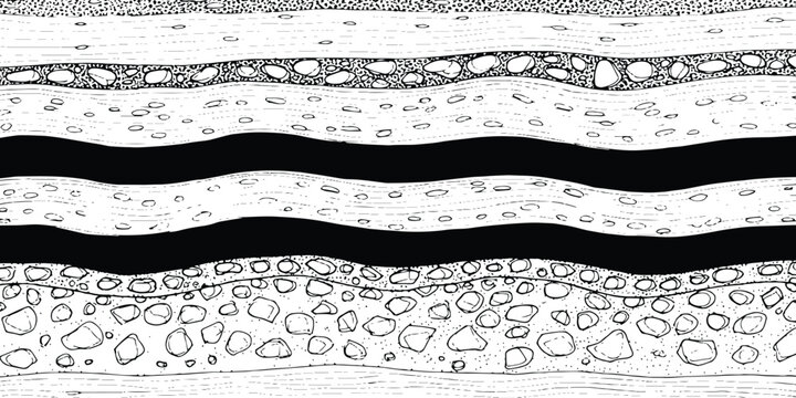 Hand drawn geological soil layers cross section with rock strata, gravel, and earth underground texture vector illustration.