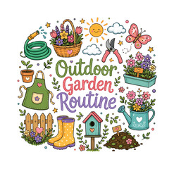 Fototapeta premium Outdoor Garden Routine. Hand drawn illustration of Outdoor Garden Routine. garden hose, flower basket, sunny clouds, pruning shears, butterfly garden, plant sprouts, gardening apron, wooden fence,