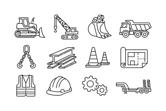 Heavy equipment and site material transport. Line outline icon set of Heavy equipment and site material transport: bulldozer, crane arm, excavator bucket, dump truck, lifting chains, steel beams,