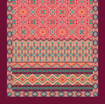 Traditional Indian ethnic dupatta and saree pallu design with intricate ikat borders and geometric patola motifs.