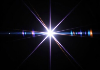 Obraz premium Bright Abstract Lens Flare with Starburst Light Rays and Colorful Anamorphic Glitch Effects on Black Background