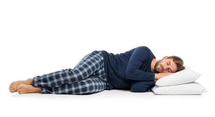 Fototapeta premium Young man in blue pajamas sleeping peacefully on side with white pillows isolated on white background