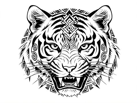 Tiger face tribal sketch, symmetrical ethnic patterns, black ink illustration, bold line art, sacred animal design, highly detailed monochrome artwork