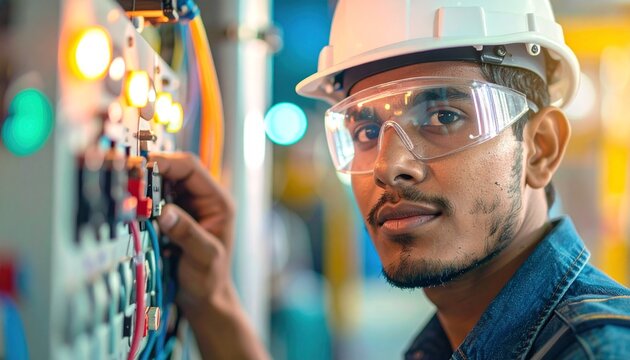 Indian electrician working safely on electrical wiring installation job