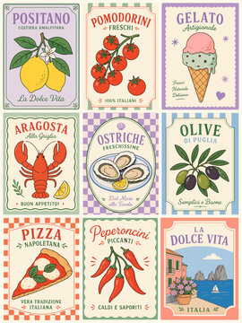 Collection of Italian food and travel posters with vintage style illustrations