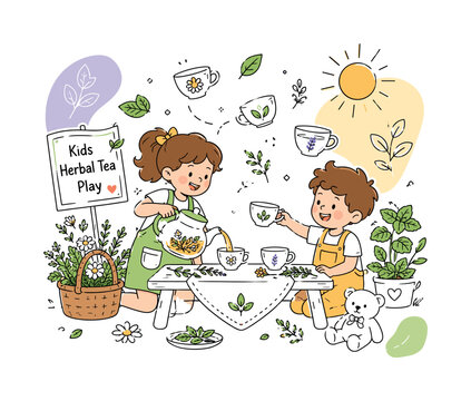 Kids Herbal Tea Play. Children pretending to pour herbal tea at a garden tea party, carefully filling cups with playful curiosity and imagination. Floating teacups, herb leaves, and soft sunlight