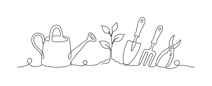 "Plant Care Tools". Minimalistic one-line drawing watering can and gardening tools arranged around a small sprouting plant, continuous single black line on white background, simple outline style, no
