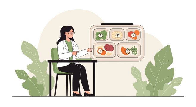 Dietitian explains balanced meal plan with healthy food portions in a divided container