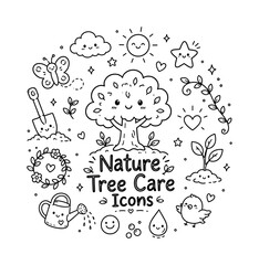 Obraz premium Nature Tree Care Icons. Hand-drawn doodle illustration of Nature Tree Care Icons. In the middle, one slightly larger central doodle drawing (main object related to Nature Tree Care Icons) along with