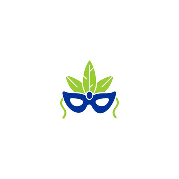 A minimalist flat vector logo featuring a festive masquerade eye mask decorated with feathers, isolated against a solid white background.