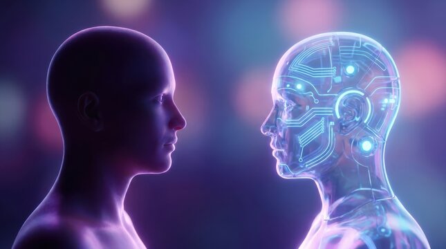 Human head and robotic head facing each other in abstract digital concept of technology.